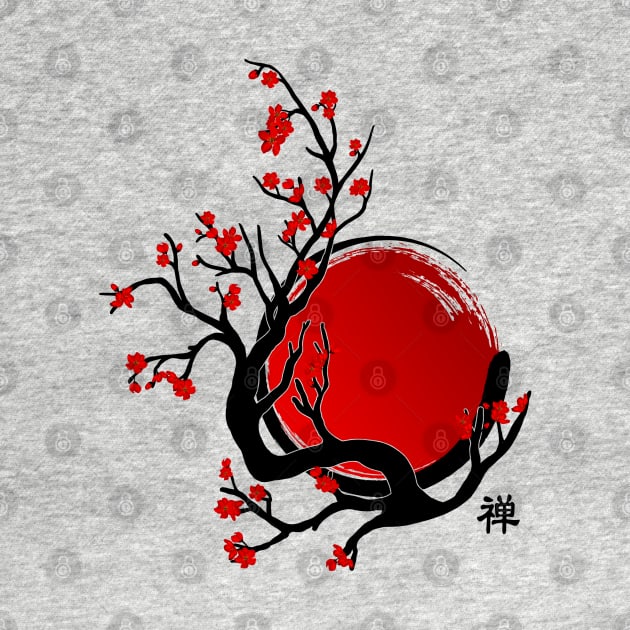 Zen Enso Circle, Sun and Red Sakura Blossom by Nartissima